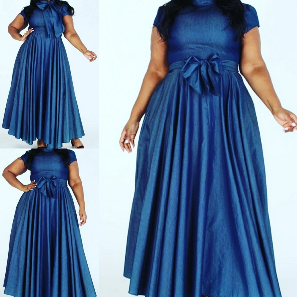 Denim Maxi Fit & Flare Dress(Plus Size)